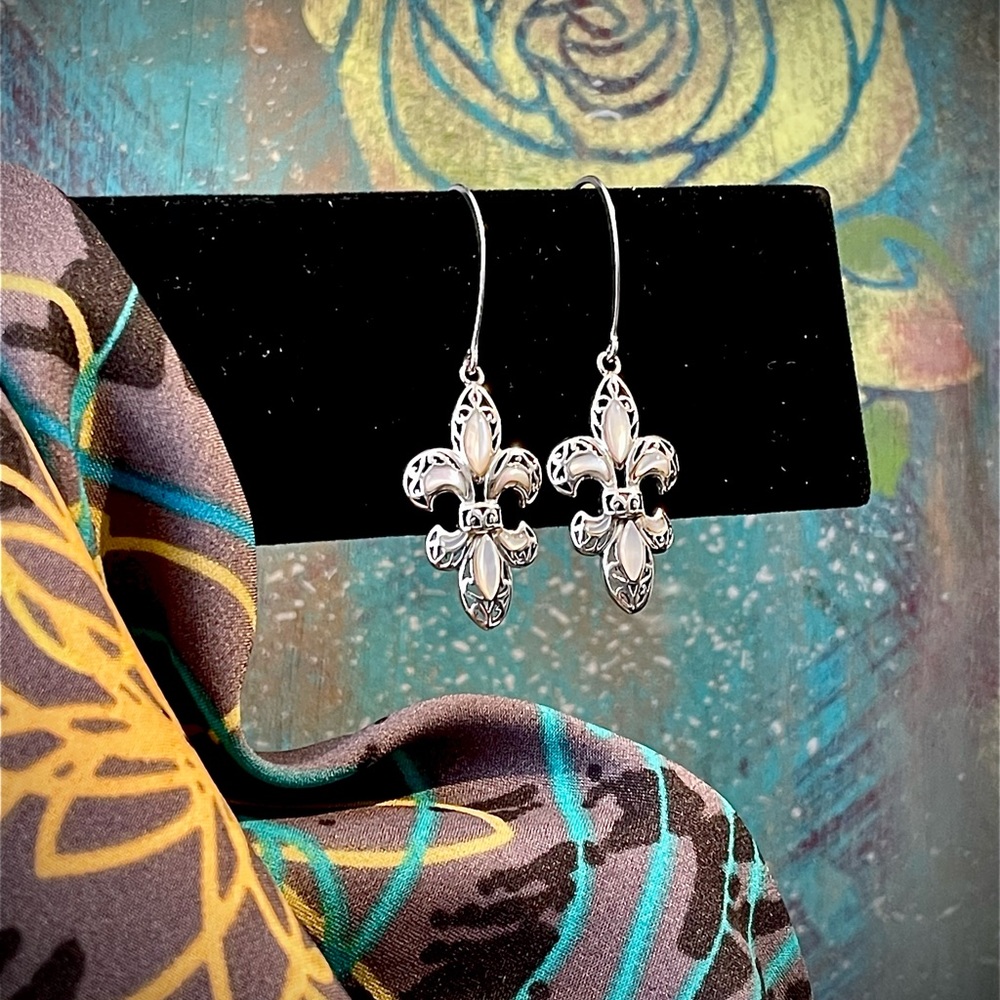 FleurDeLis’ 925 Silver and Mother of Pearl 2.3” Earrings, Like New!  No Tags
